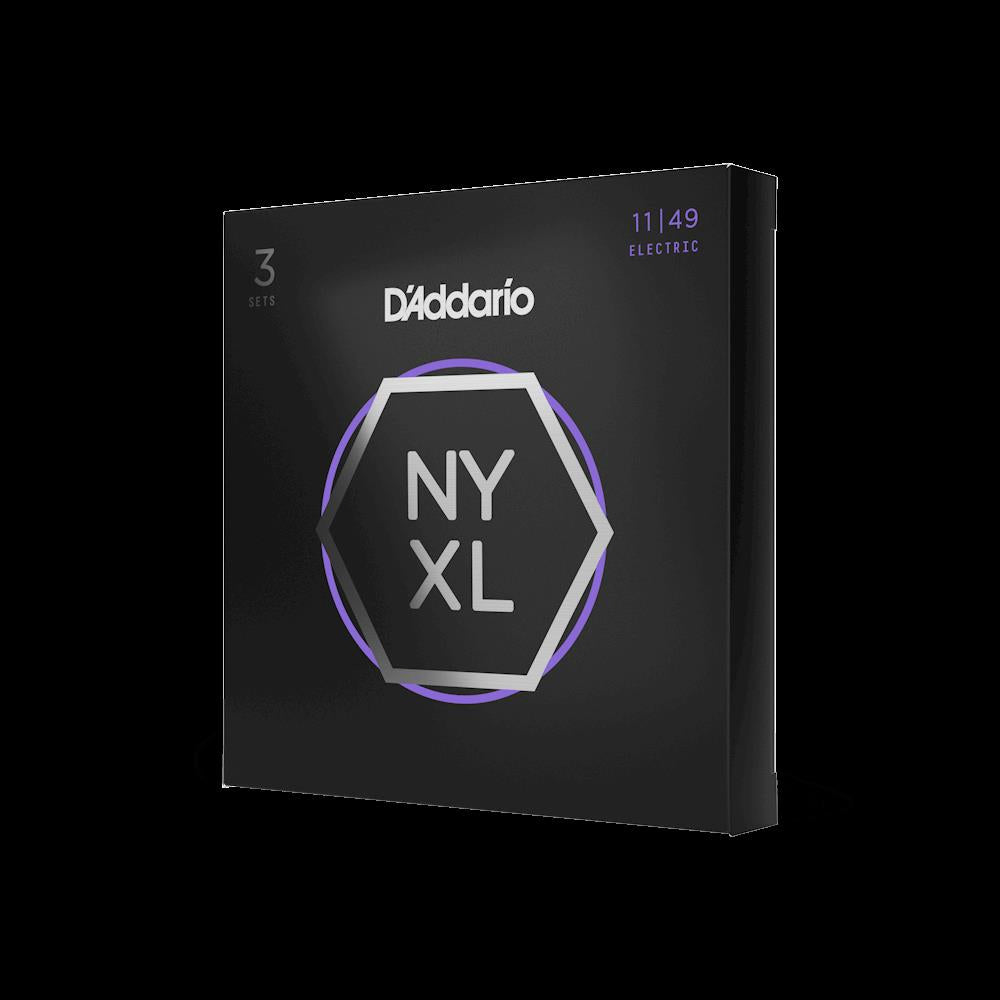 D'Addario NYXL11493P medium nickel wound electric guitar strings, 11-49 gauge, 3-pack for electric guitar playing.