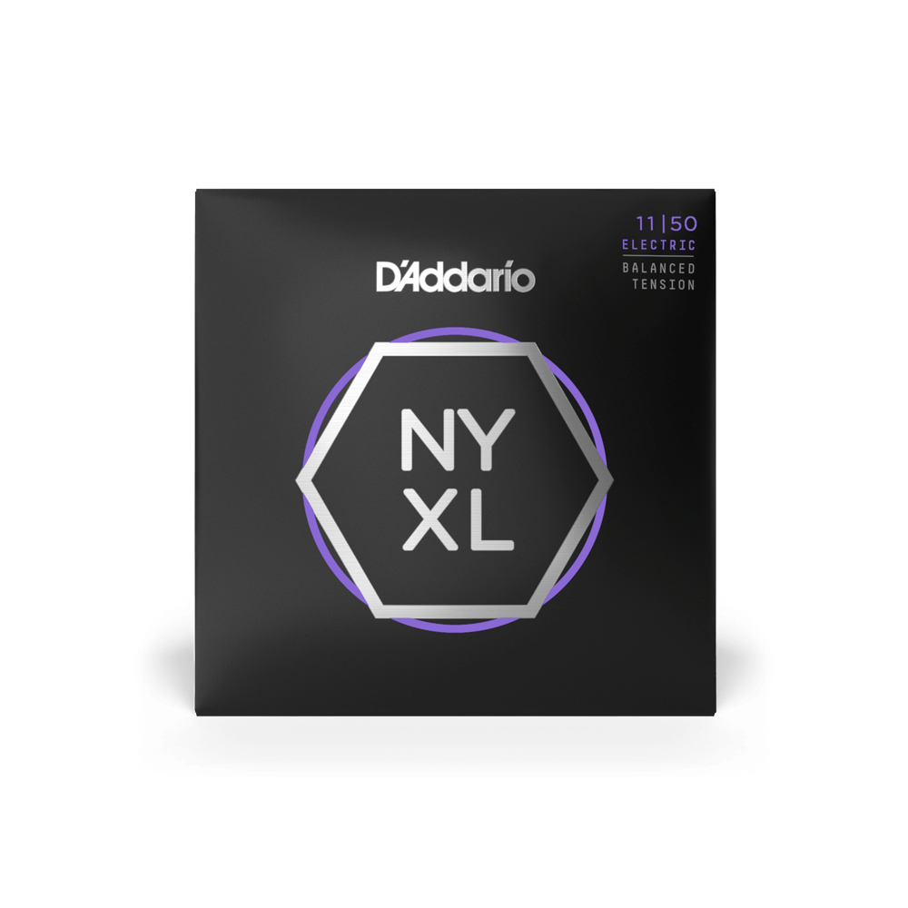 D'Addario NYXL1150BT electric guitar strings with balanced tension, featuring 11-50 gauge for versatile playing.