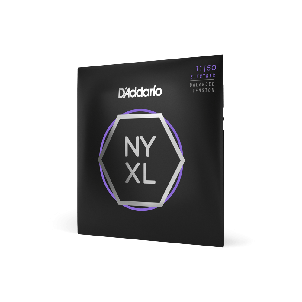 D'Addario NYXL1150BT electric guitar strings with balanced tension, 11-50 gauge, shown on a guitar.
