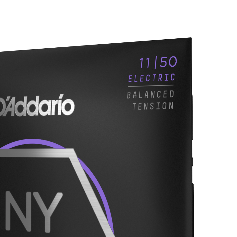 D'Addario NYXL1150BT electric guitar strings with balanced tension, 11-50 gauge, shown on a guitar.