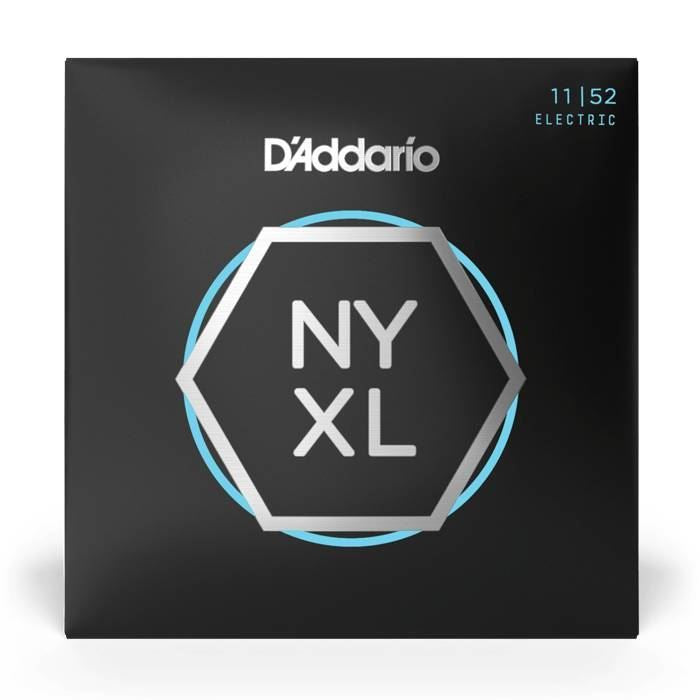 D'Addario NYXL1152 electric guitar strings set with 11-52 medium/heavy nickel wound strings on a guitar.
