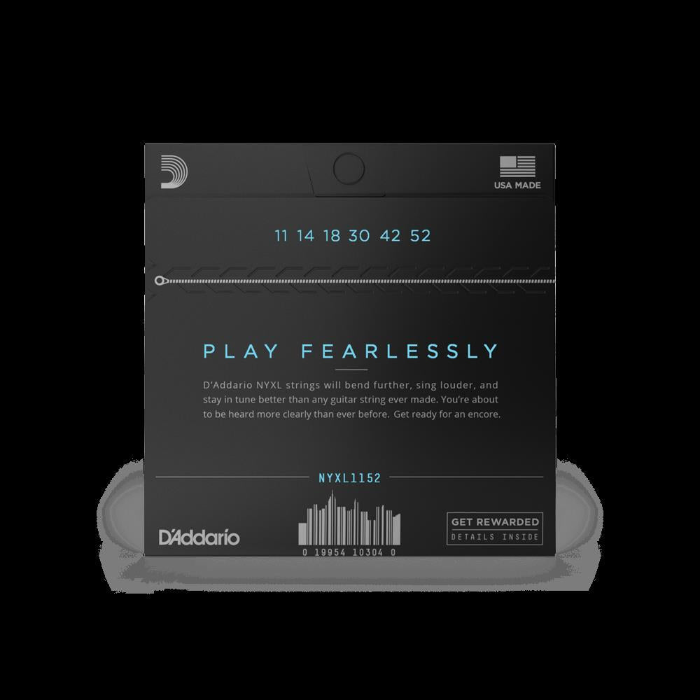 D'Addario NYXL1152 medium/heavy nickel wound electric guitar strings set on a guitar, showing the packaging and strings.