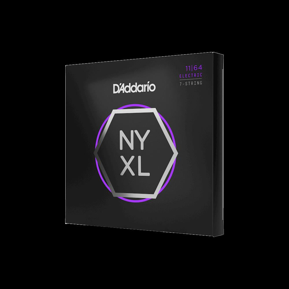 D'Addario NYXL1164 medium 7-string electric guitar strings with nickel winding, arranged in a pack for versatile playing.