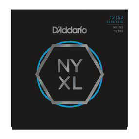 D'Addario NYXL1252W Nickel Wound Electric Guitar Strings, light wound 3rd string, 12-52 gauge, close-up of the strings.