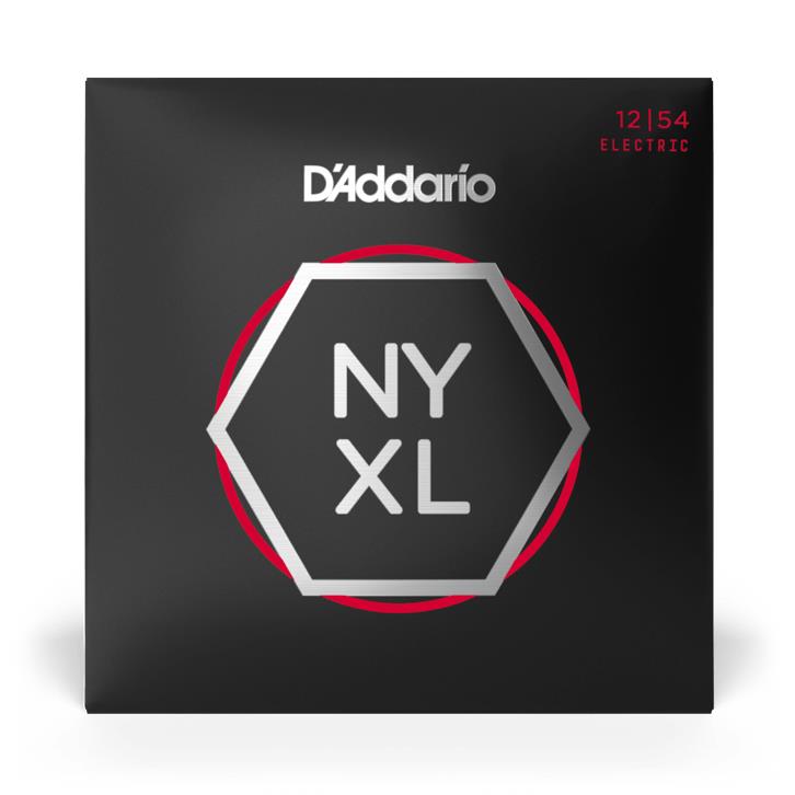 D'Addario NYXL1254 electric guitar strings 12-54 heavy nickel wound set on a guitar string spool.