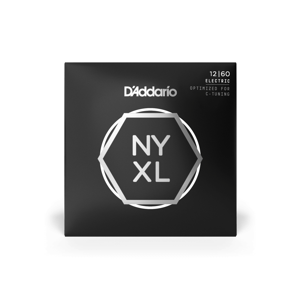 D'Addario NYXL1260 electric guitar strings, extra heavy gauge 12-60, nickel-wound, laid out on a guitar.
