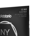 D'Addario NYXL1260 electric guitar strings, extra heavy gauge 12-60, nickel wound, shown on a guitar.