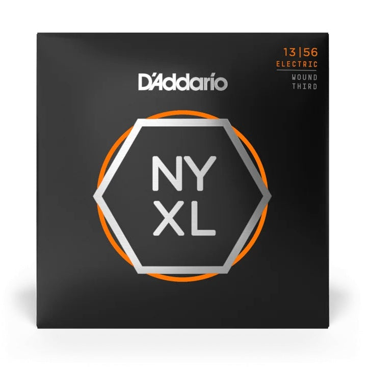 D'Addario NYXL1356W electric guitar strings with nickel wound, medium gauge, 13-56, shown on guitar.