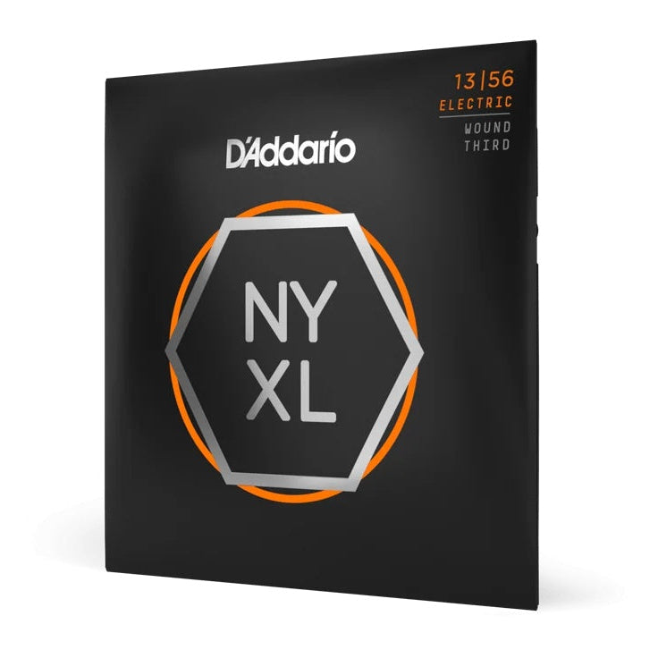 D'Addario NYXL1356W Nickel Wound Electric Guitar Strings, medium wound, 13-56 gauge, close-up of the string set.