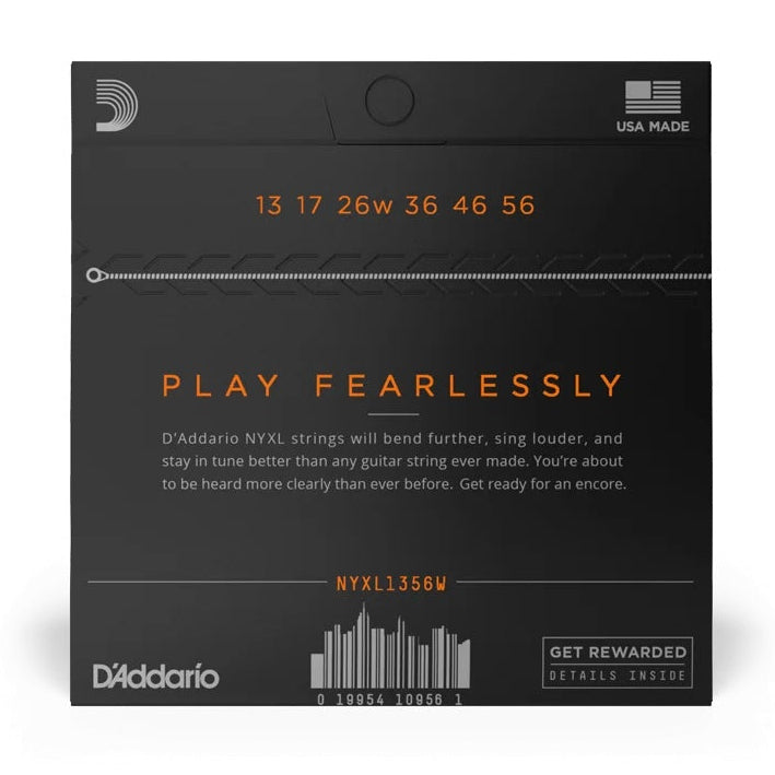 D'Addario NYXL1356W Nickel Wound Electric Guitar Strings set with medium wound 3rd string, 13-56 gauge, laid out on a surface.