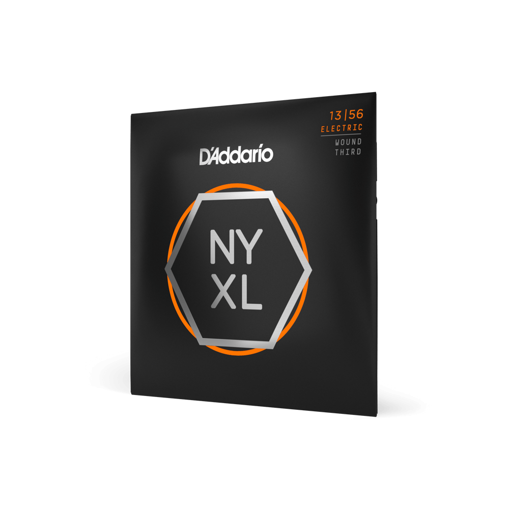 D'Addario NYXL1356W Nickel Wound Electric Guitar Strings, medium gauge 13-56, showing the set of strings with packaging.