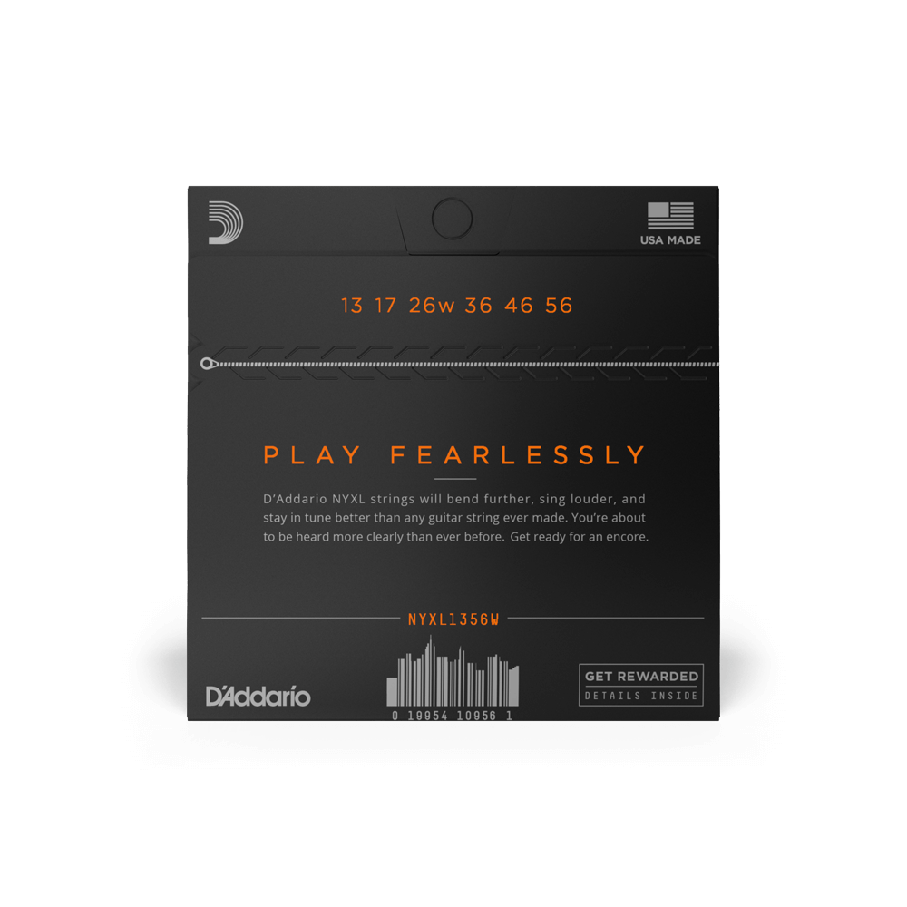 D'Addario NYXL1356W Nickel Wound Electric Guitar Strings, medium wound 3rd string, 13-56 gauge, close-up of strings on guitar