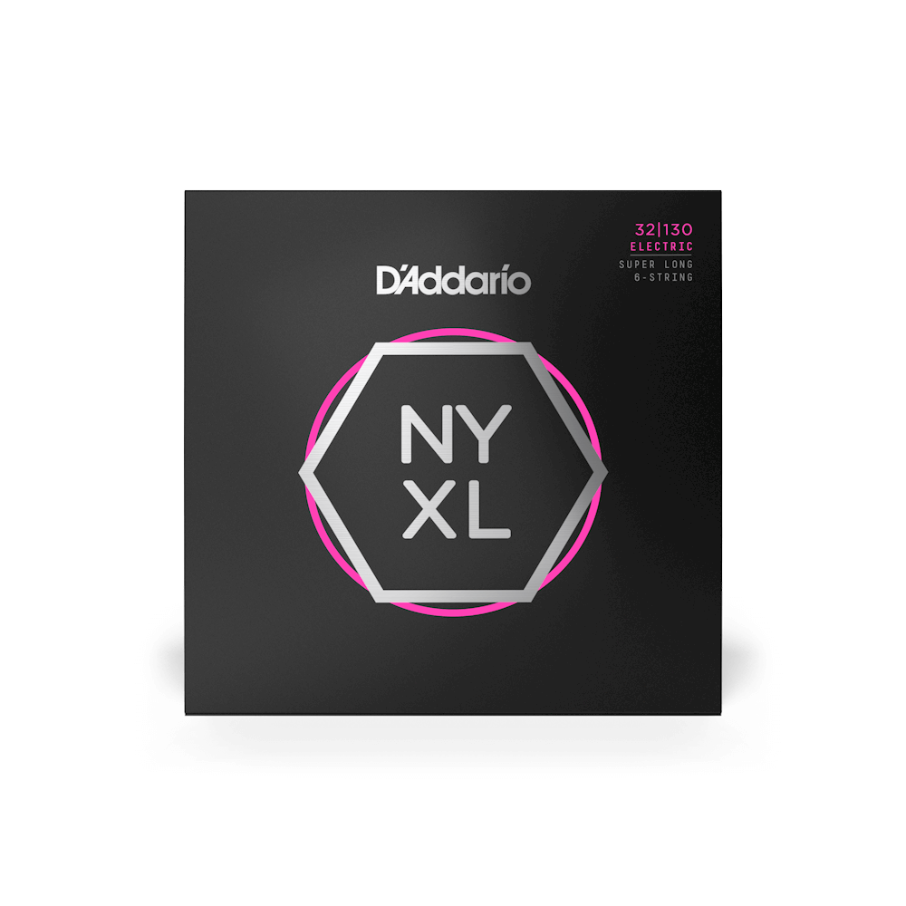 D'Addario NYXL 6-string bass strings with super long scale, showing the set of nickel-plated steel strings labeled 32-130.
