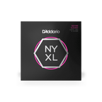 D'Addario NYXL 6-string bass strings with super long scale, showing the set of nickel-plated steel strings labeled 32-130.