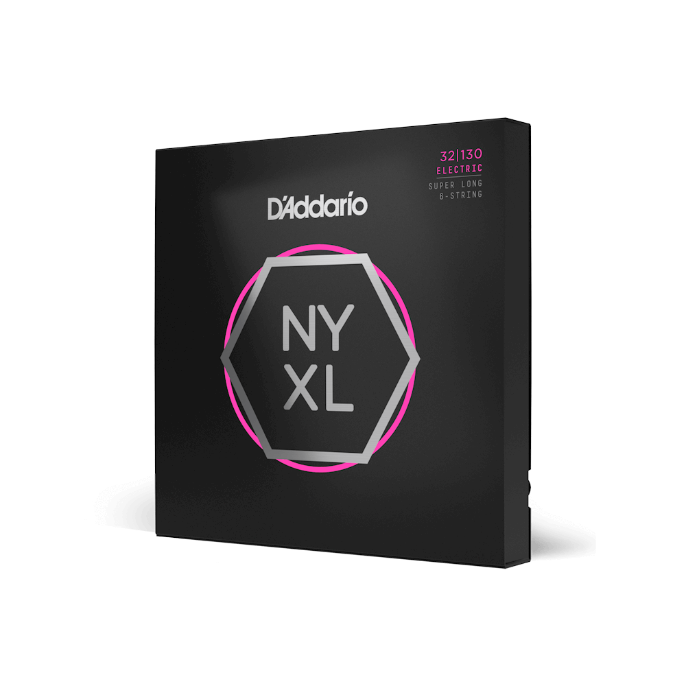 D'Addario NYXL 6-string bass strings with a super long scale, 32-130 gauge, shown on a bass guitar.