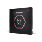 D'Addario NYXL 6-string bass strings with a super long scale, 32-130 gauge, shown on a bass guitar.