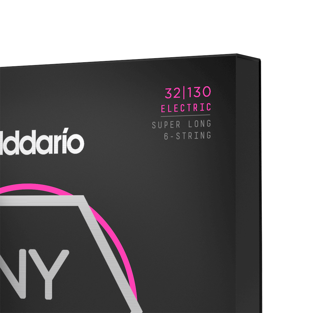 D'Addario NYXL 6-string bass strings, super long scale, with 32-130 gauge, shown on the packaging.