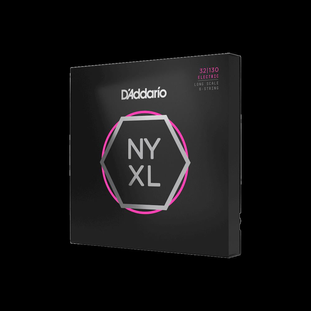 D'Addario NYXL32130 light 6-string bass guitar strings set, showing the packaged strings with branding and product details.