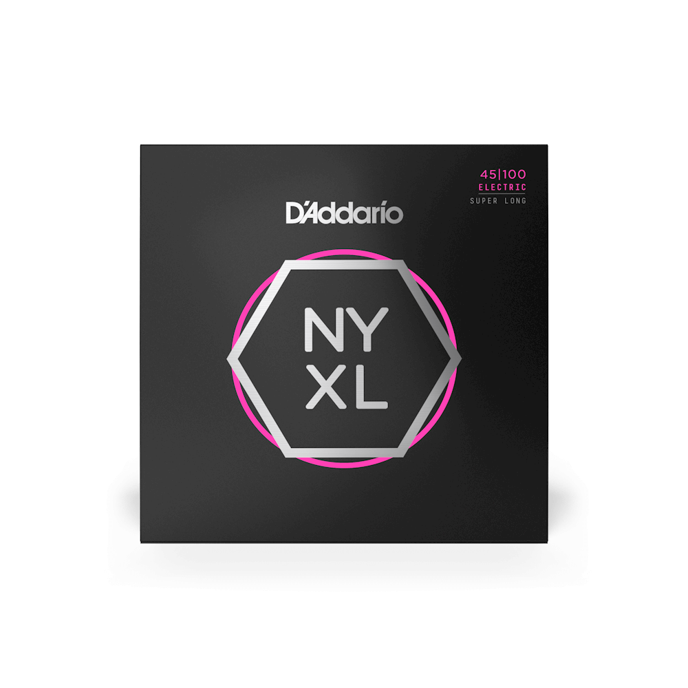 D'Addario NYXL45100SL bass strings, super long scale, 45-100 gauge, metal wound for deep tone and durability.