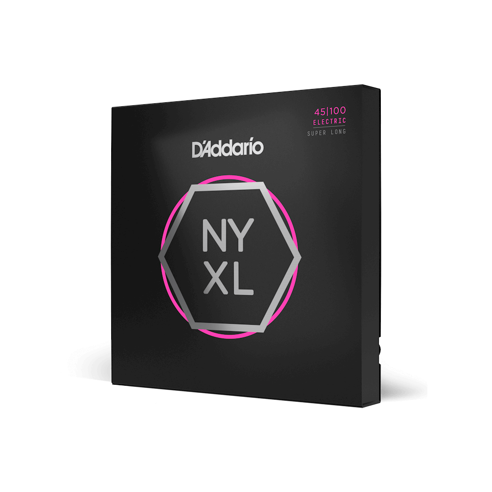 D'Addario NYXL45100SL bass strings, super long scale, 45-100 gauge, arranged on a bass guitar for optimal sound and durability.