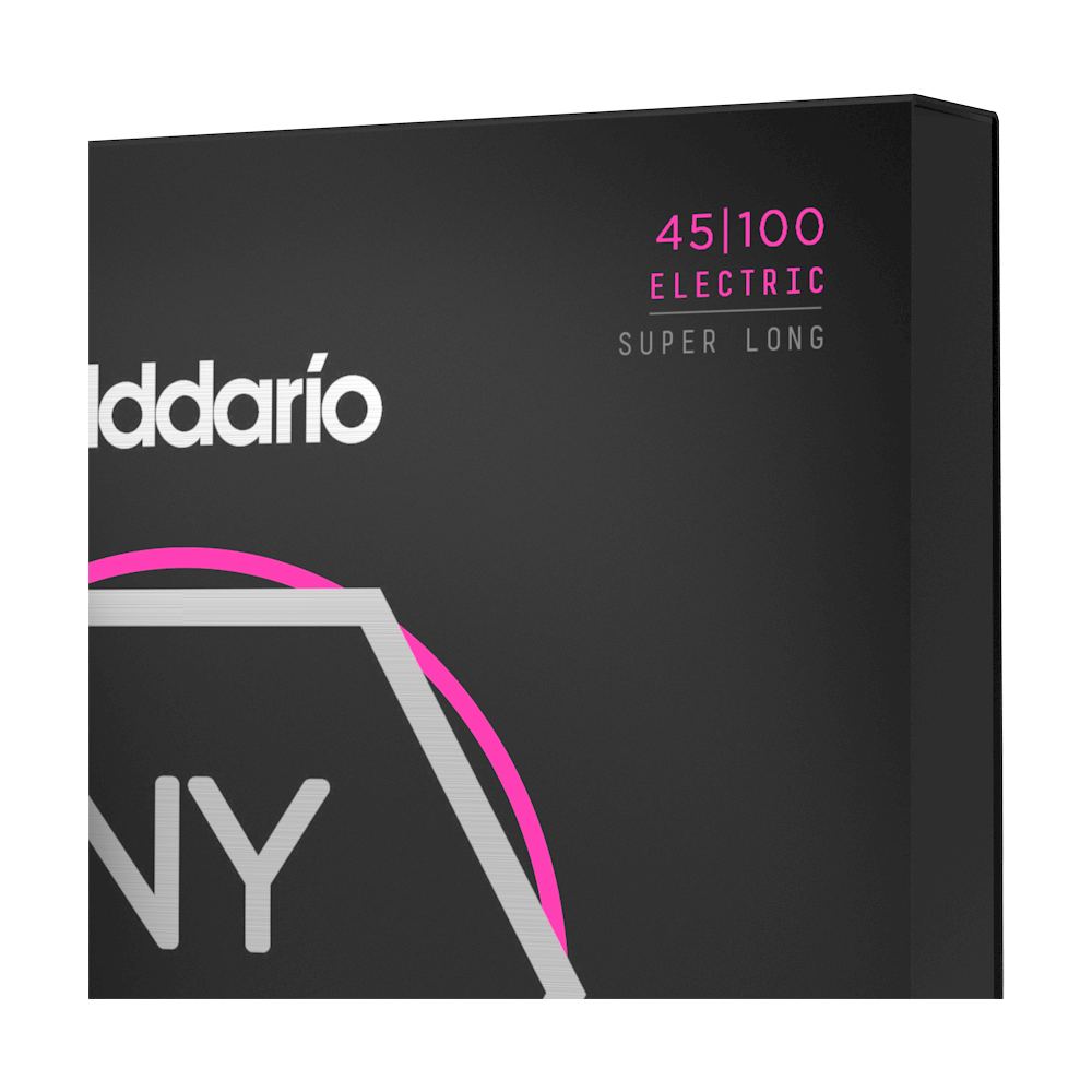 D'Addario NYXL45100SL bass strings, super long scale, 45-100 gauge, arranged on a guitar neck for a close-up view