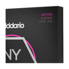 D'Addario NYXL45100SL bass strings, super long scale, 45-100 gauge, arranged on a guitar neck for a close-up view
