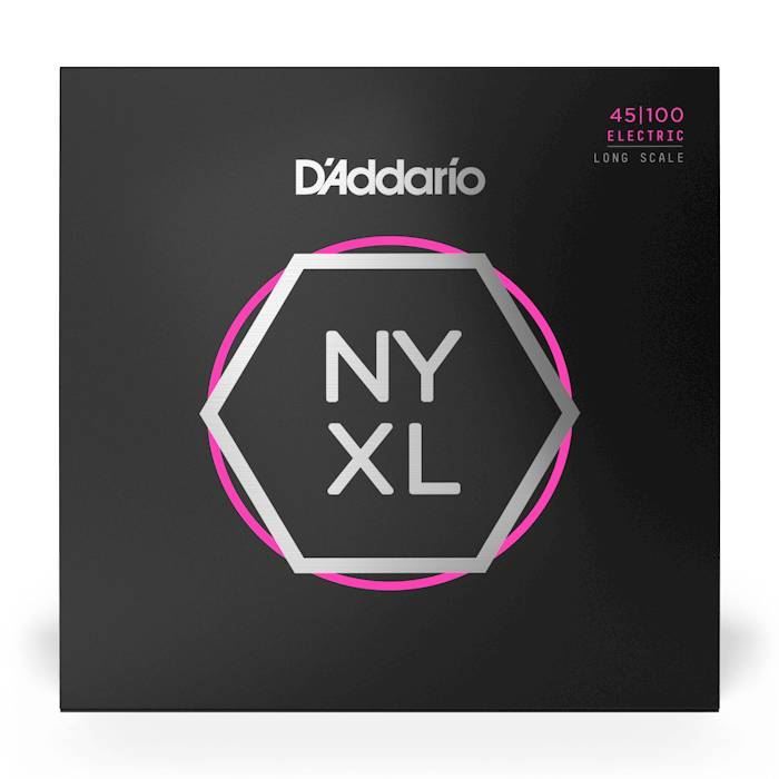 D'Addario NYXL45100 light bass guitar strings set with 45-100 gauge, shown on a bass guitar.