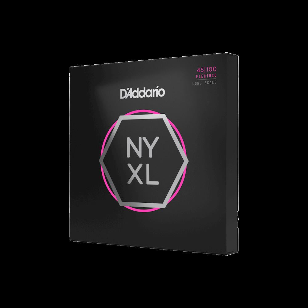 D'Addario NYXL45100 light bass guitar strings set with 45-100 gauge, featuring durable nickel-plated steel wound strings.