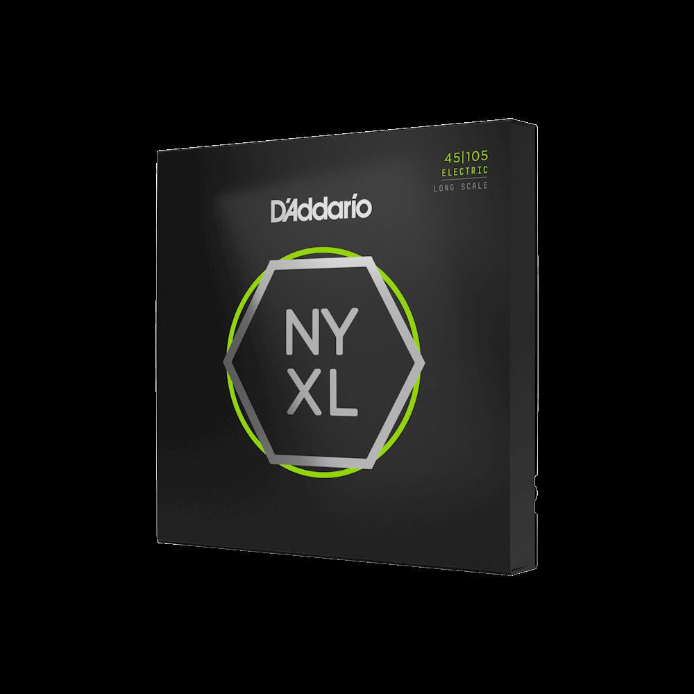D'Addario NYXL45105 light top/medium bottom bass guitar strings set, showing the packaged strings for electric bass.