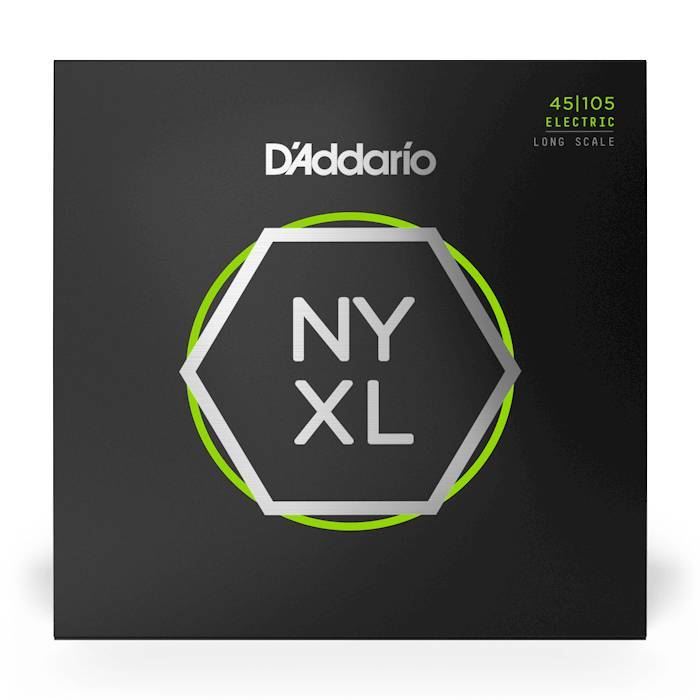 D'Addario NYXL45105 bass guitar strings set with 45-105 light top and medium bottom gauge, shown in the image.