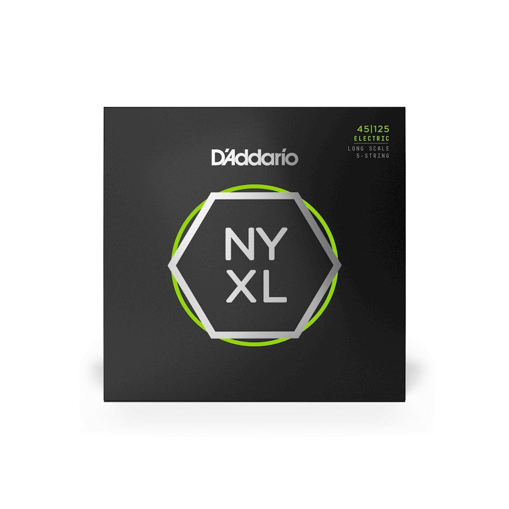 D'Addario NYXL45125 5-string bass guitar strings set with 45-125 gauge, shown in a close-up image of the strings.