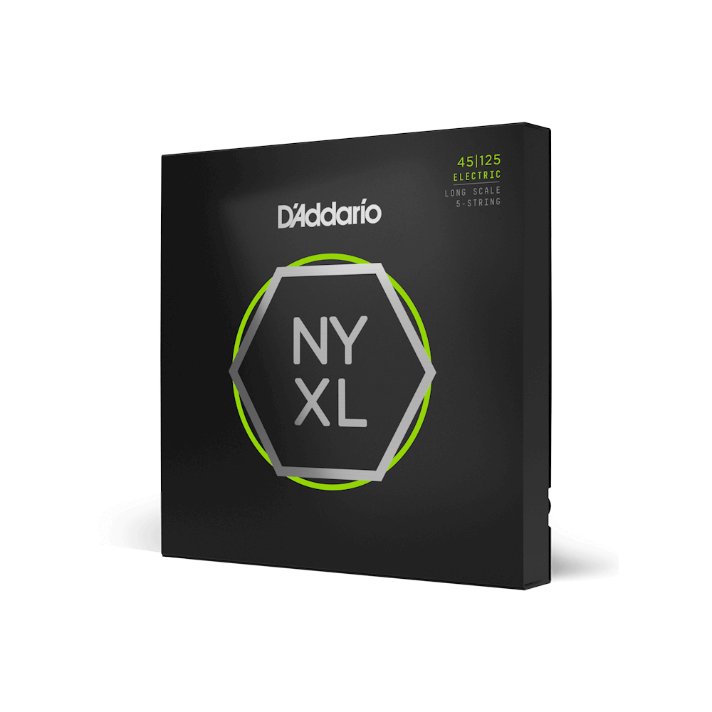 D'Addario NYXL 5-string bass guitar strings, gauge 45-125, showing the packaging and strings ready for installation.