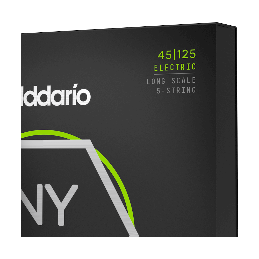 D'Addario NYXL45125 5-string bass guitar strings set with 45-125 gauge, close-up of the packaged strings with branding visible.