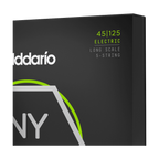 D'Addario NYXL45125 5-string bass guitar strings set with 45-125 gauge, close-up of the packaged strings with branding visible.