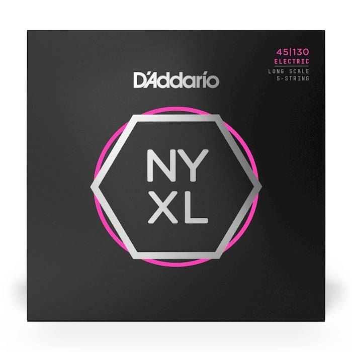 D'Addario NYXL45130 light 5-string bass guitar strings set with nickel-plated steel windings and label showing string gauges.