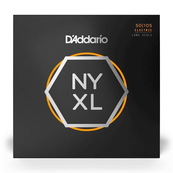 D'Addario NYXL50105 medium bass guitar strings, 50-105 gauge, with packaging and the strings visible on the image.