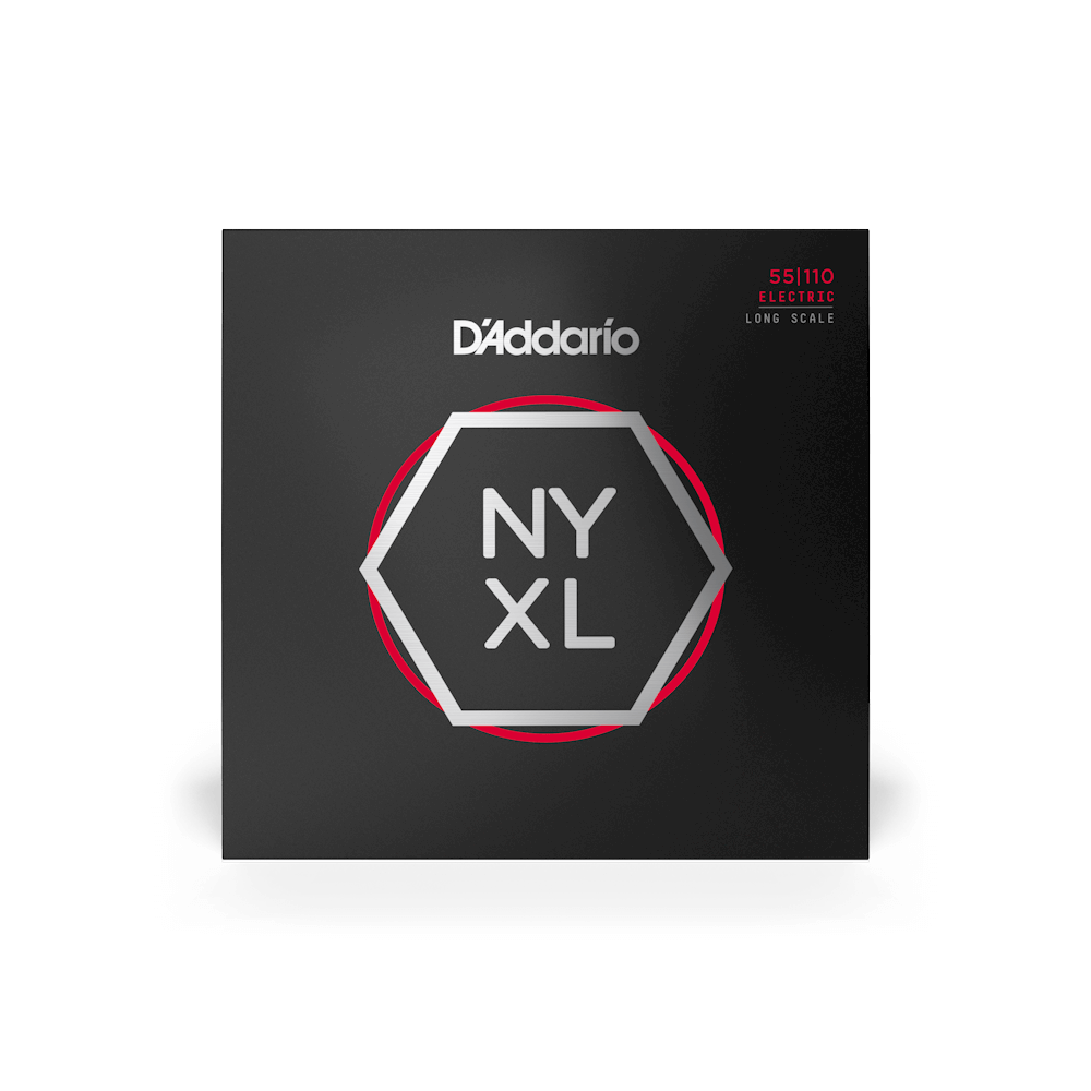 D'Addario NYXL55110 nickel wound bass guitar strings, medium gauge 55-110, long scale, shown on a bass guitar.