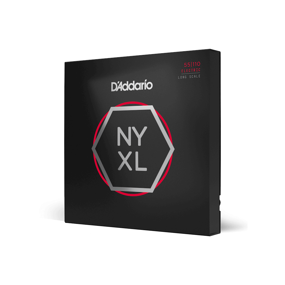 D'Addario NYXL55110 nickel wound bass guitar strings, medium gauge 55-110, long scale, shown on a bass guitar.