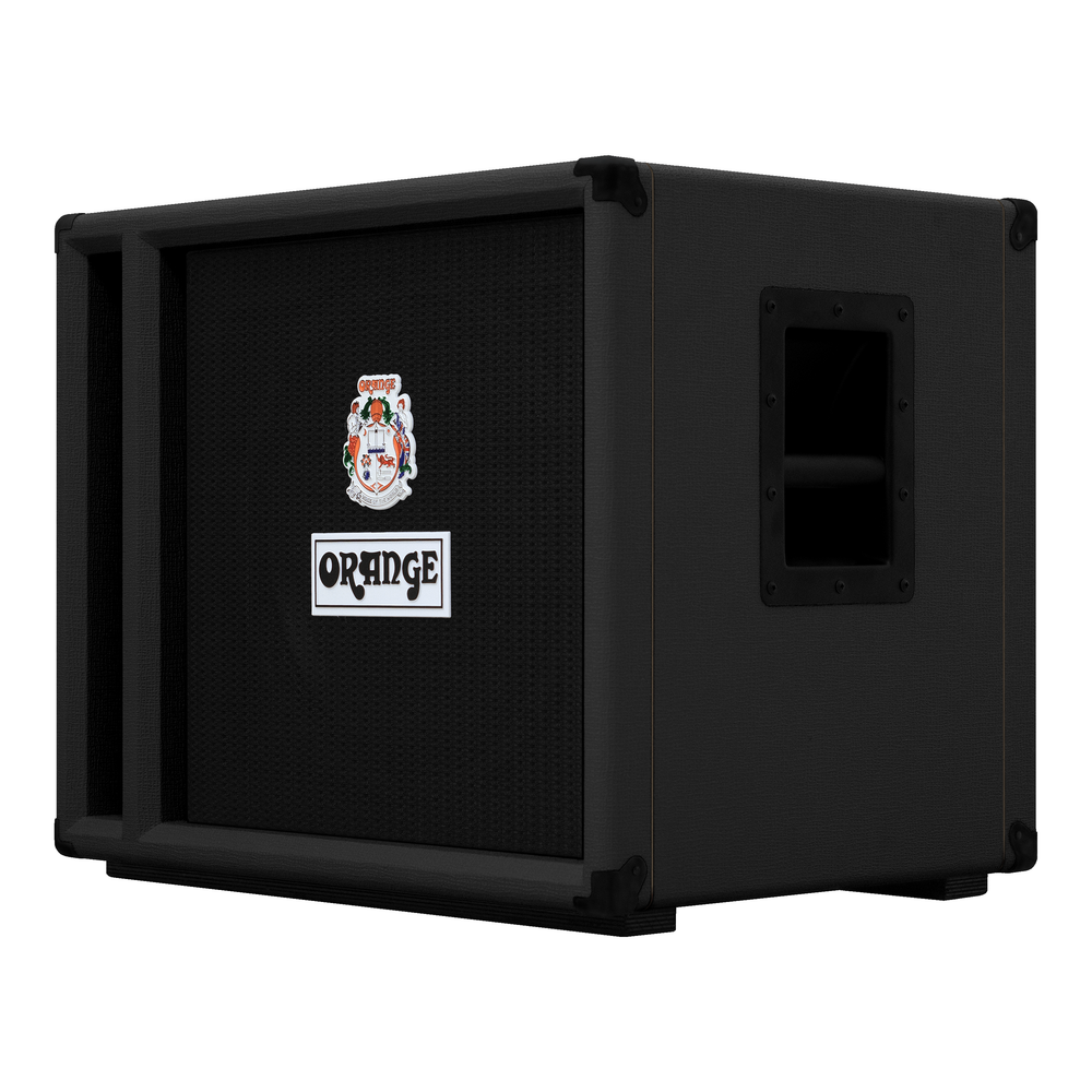 Orange OBC115C BK 1x15 bass speaker cabinet in black, featuring a sturdy design for bass amplifiers with a protective grille.