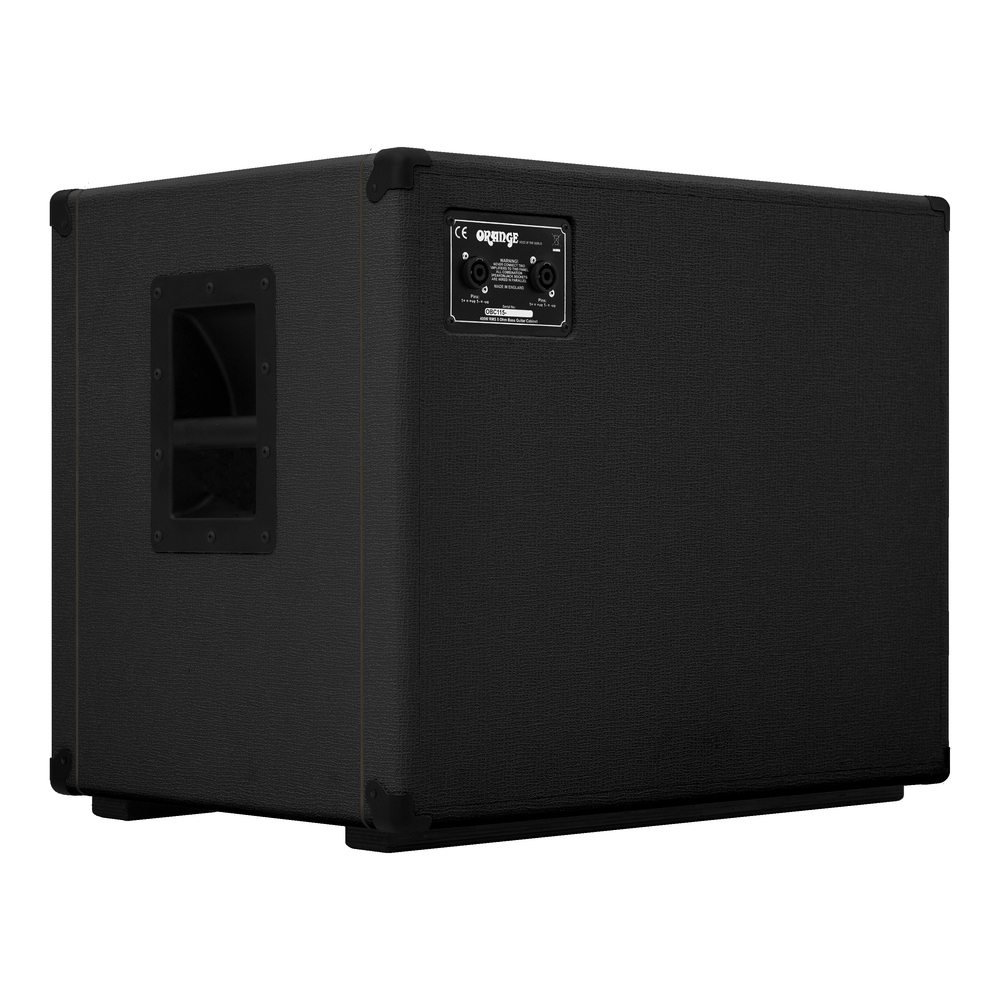 Orange OBC115C BK 1x15 bass speaker cabinet in black, featuring a sturdy design and speaker grille for bass amplification.