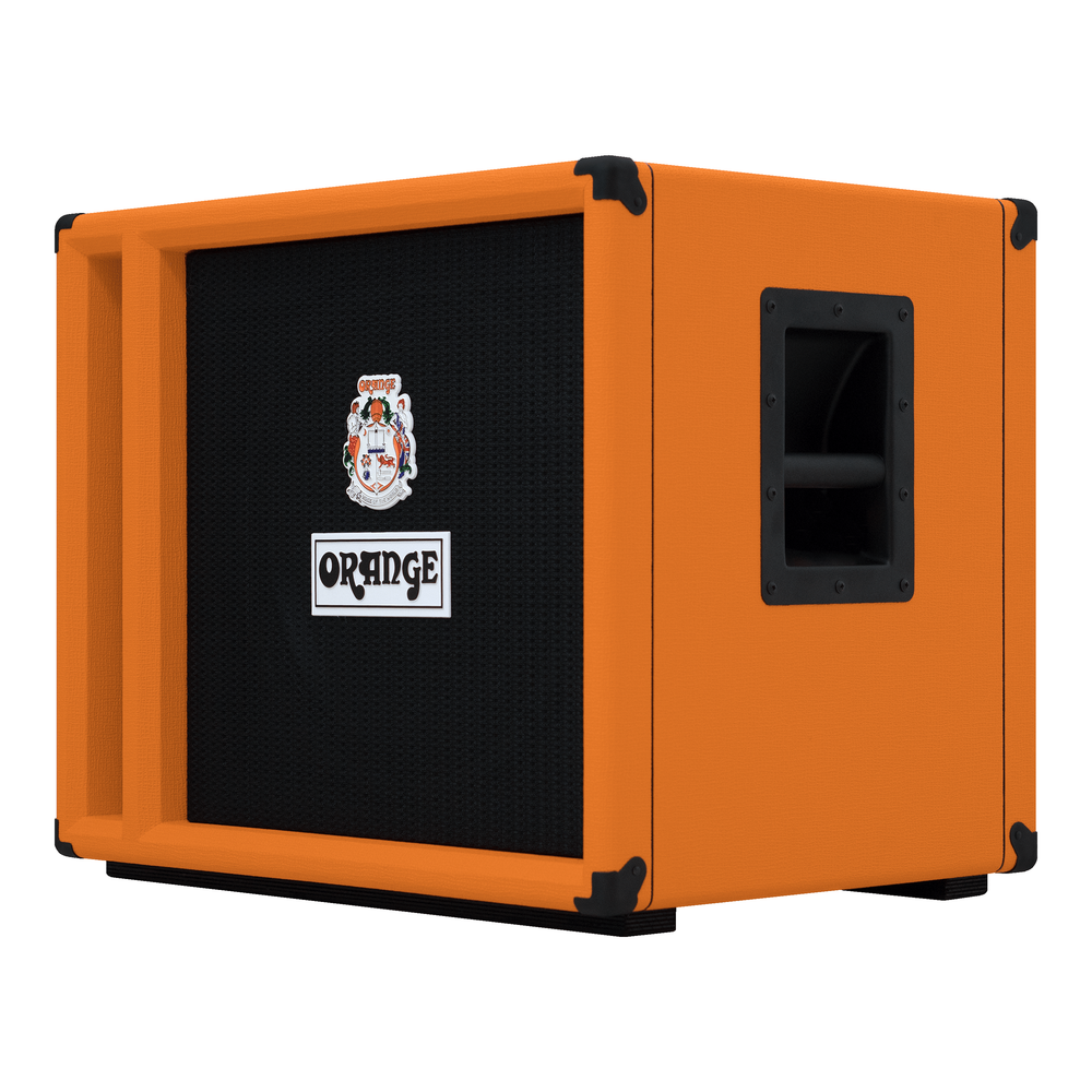 Orange OBC115C 1x15 bass speaker cabinet with orange tolex covering and metal grille for use with bass amplifiers.