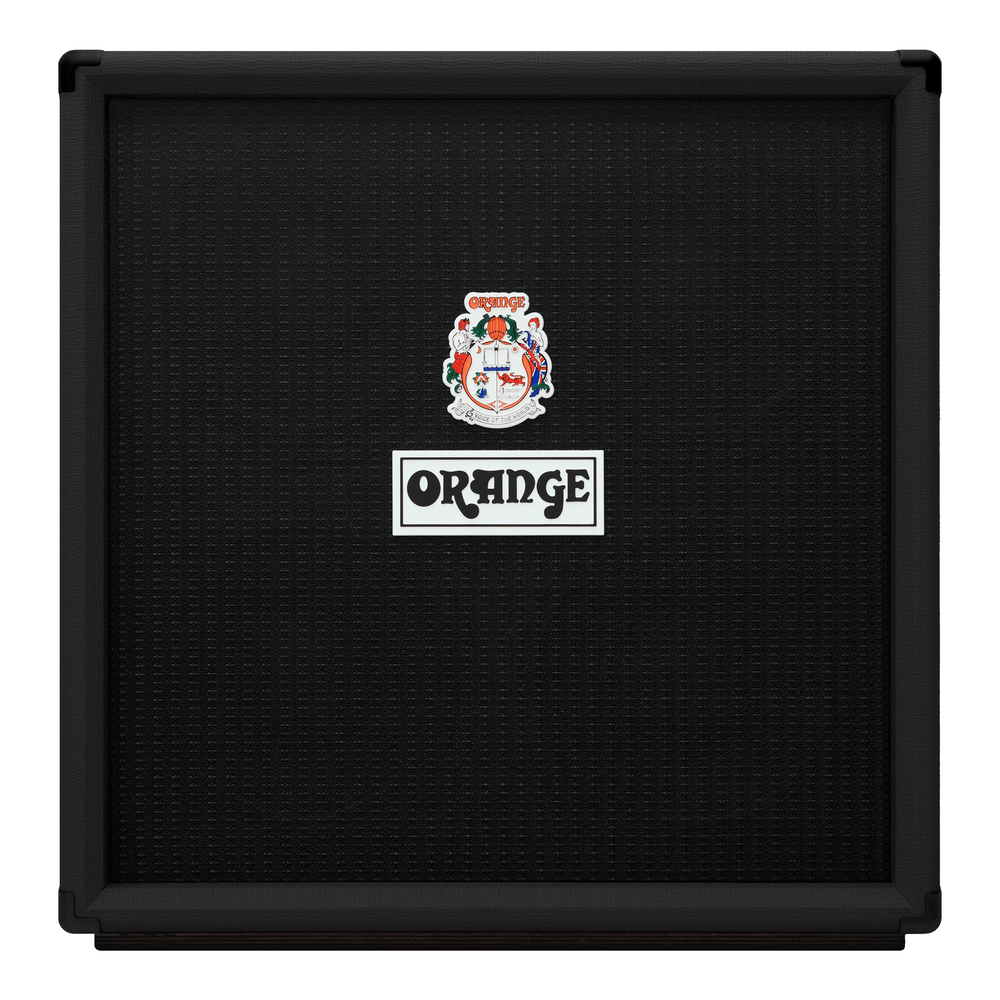 Orange OBC410C BK bass speaker cabinet in black with four speaker drivers and sturdy construction, designed for bass amplification.
