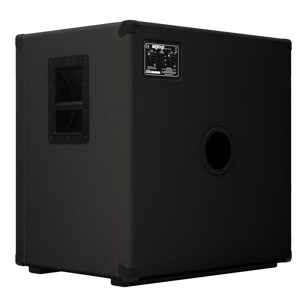 Orange OBC410C BK bass speaker cabinet in black, featuring multiple speaker drivers and sturdy construction for bass amplification.
