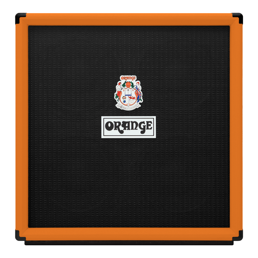 Orange OBC410C bass speaker cabinet for bass amplifiers, featuring a black grille and orange exterior with four speaker ports.