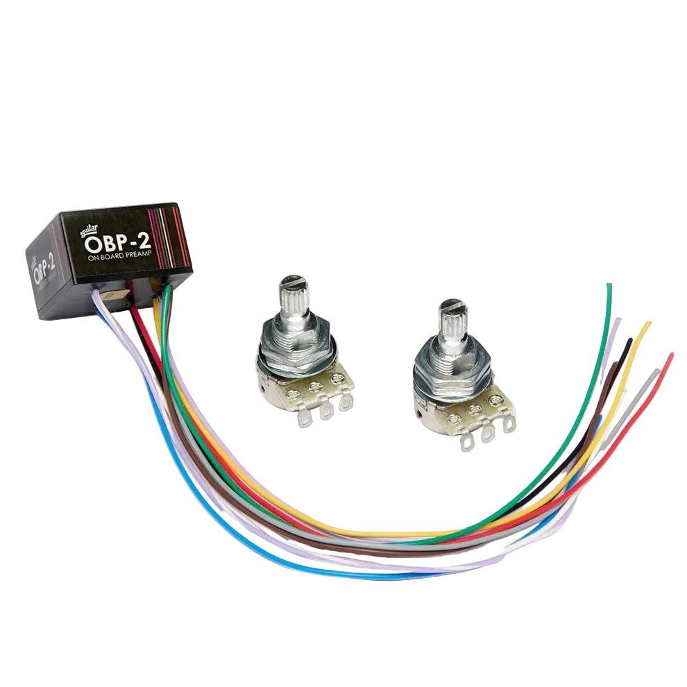 Aguilar OBP-2 preamp with treble and bass control knobs, designed for bass guitar pickups and tone enhancement.
