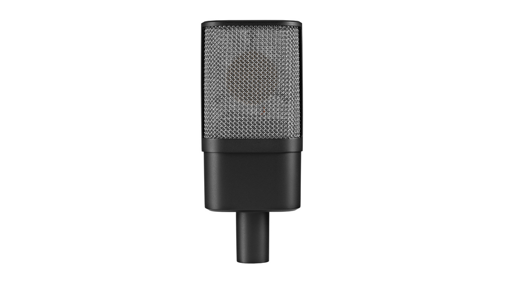 Austrian Audio OC16 studio microphone with spider mount, featuring a sleek black body and professional audio recording setup.