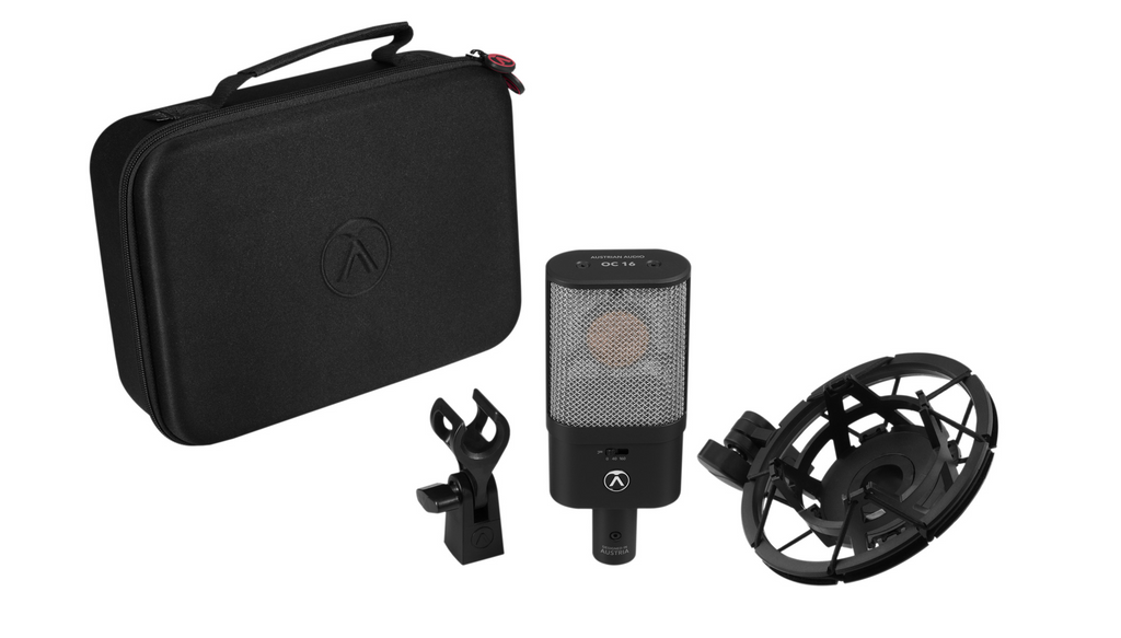 Austrian Audio OC16 studio microphone with spider mount, featuring a sleek black design and professional-grade condenser capsule.