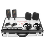 Pair of Austrian Audio OC18 studio microphones with spider mounts and stereo mounts, ideal for professional recording setups.