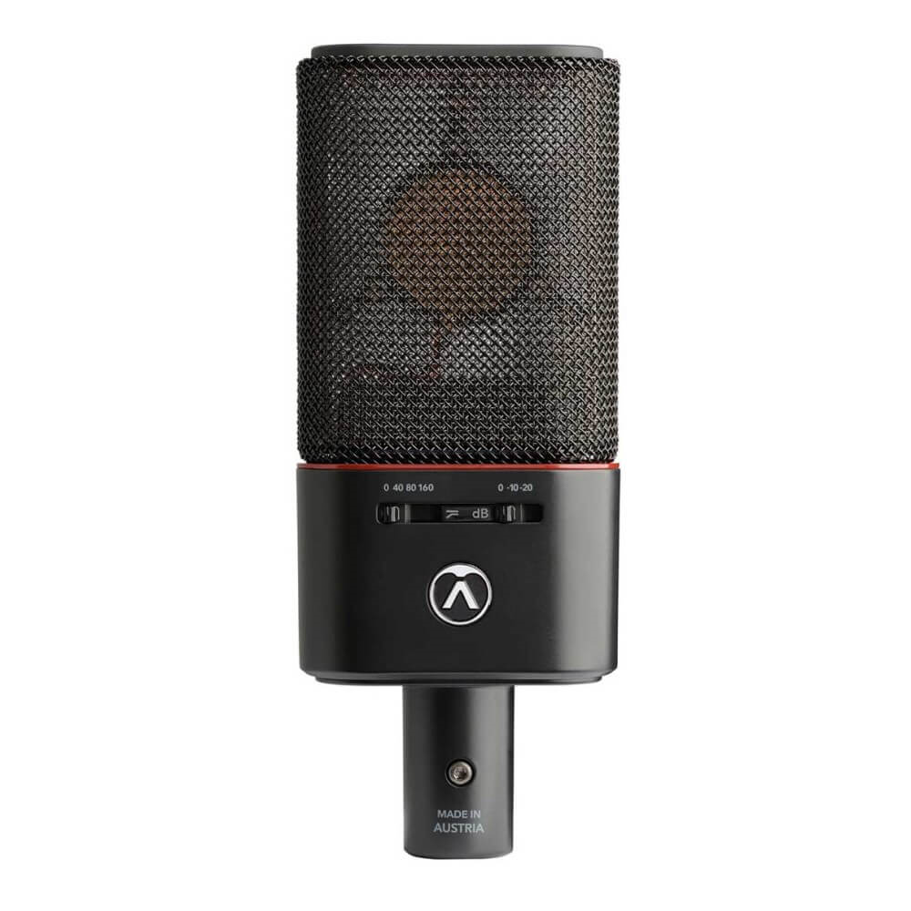 Pair of Austrian Audio OC18 studio microphones with spider mounts and stereo mounts, ideal for professional recording.