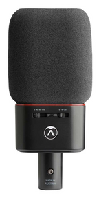 Pair of Austrian Audio OC18 studio microphones with spider mounts and stereo mount, ideal for professional recording setups.
